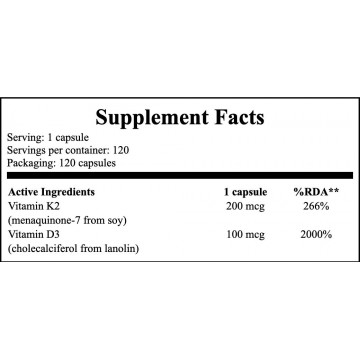 Vitamin K2Mk-7 200mcg+D3 4000IU IN MCT 120caps. - 2