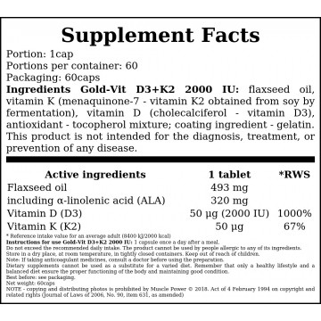 Gold-Vit D3+K2 2000 IU - 60caps. - 2