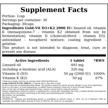 Gold-Vit D3+K2 2000 IU - 30caps. - 2