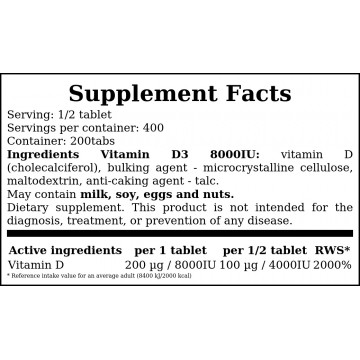 Vitamin D3 8000IU - 200tabs. - 2