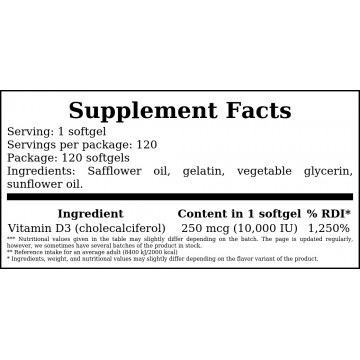 Vitamin D3 250mcg - 10000 IU - 120softgels. - 2