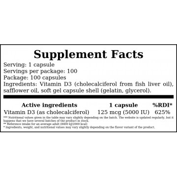 Vitamin D3 125mcg - 5000 IU - 100softgels. - 2